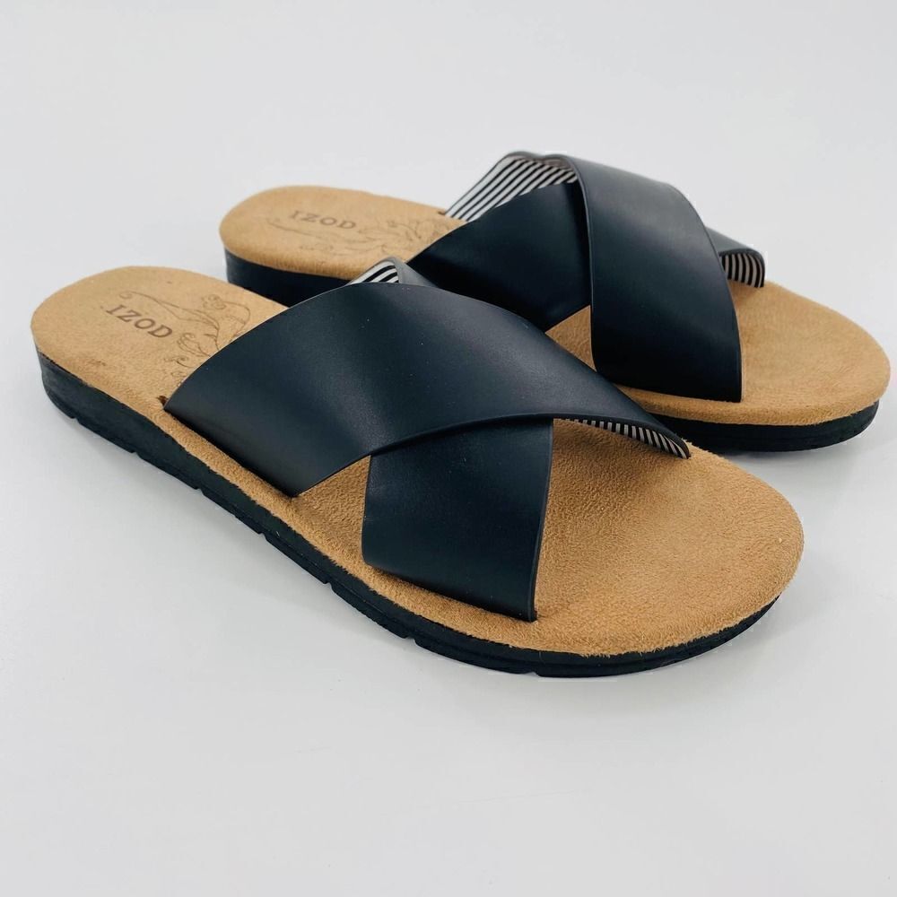 IZOD Alyssa Crisscross Strap Slides SandalsIn Black Size 6.5